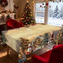Christmas Vintage Farmhouse Tablecloth with Santa, reindeer & Xmas tree prints. Rectangular & round sizes for Xmas/New Year parties, kitchen, indoor & 140x180cm