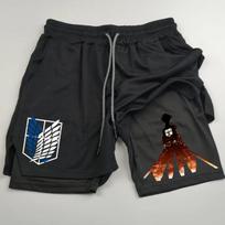 Anime Ataka prieš Titanus Spausdintas Vyriškas Dvi viename Dvigubo lygio Sportinis Fitneso Laisvalaikio Šortai 3XL black