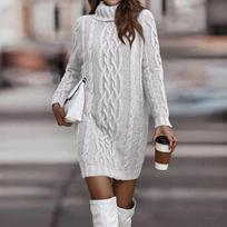 Women's Fashionable Casual Color Cable Knit Long-sleeved Turtleneck Sweater Dress XXL balta