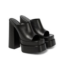 Women's Summer Fashion Thick High Heel Sandals Chain Decorated Elegant Party Shoes Size 35-43 38 black