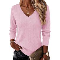 Women's Cable Knit V-Neck Sweater Long Sleeve Pullover Top for Fall and Winter Casual Wear XL rožinė