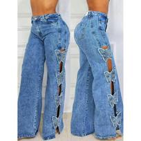 Womens High-Waisted Baggy Straight Cut Denim Jeans With Bowknot Cutout Detail Stretchy Cotton Blend 2026 Streetwear XXL mėlyna skalbimo spalva