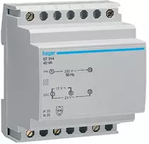 HAGER Saugos transformatorius ST314, pirminė 230V, antrinė 12 / 24V, 40VA, 50-60Hz, 72mm pločio, DIN bėgiui