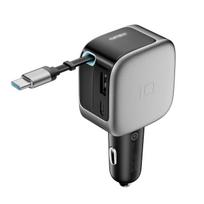 Cuktech CC903P 100W automobilinis įkroviklis su ekranu ir 70 cm ištraukiamu USB-C laidu – pilkas