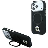 Karl Lagerfeld dėklas su 360 žiediniu stovu ir Karl galvos smeigtuku MagSafe skirtas iPhone 18 Pro / 17 Pro - juodas