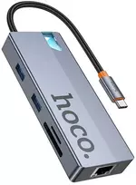 Adapteris HUB 8w1 (HDTV+RJ45+SD/TF+PD+Type-C 3.0+USB 3.0 x 2) USB-C Hoco HB52 pilkas