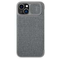 Atverčiamasis dėklas Nillkin Qin Cloth Pro Case, iPhone 14 Plus, su kameros dangteliu, pilkas