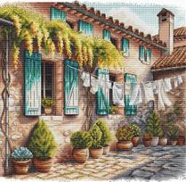 Siuvinėjimo kryželiu rinkinys „Kiemelis su vazonais“ 28,6 × 27,9 cm