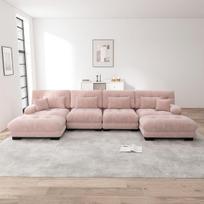 U formos modulinė sofa su atlenkiamu ottomanu, 4 vietų, rožinė chenile