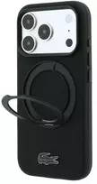 Lacoste PVC Petit Pique pusiau uždengiamas dėklas su žiediniu stovu ir MagSafe funkcija, skirtas iPhone 18 Pro, juodas