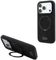 Lacoste PVC Petit Pique pusiau uždengiamas dėklas su žiediniu stovu ir MagSafe funkcija, skirtas iPhone 18 Pro Max, juodas