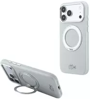 Lacoste PVC Petit Pique pusiau uždengiamas dėklas su žiediniu stovu ir MagSafe funkcija, skirtas iPhone 18 Pro, šviesiai pilkas