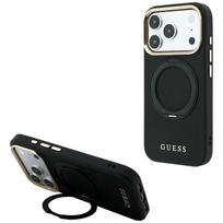 Guess Grained Classic Logo dėklas, skirtas iPhone 18 Pro Max / 17 Pro Max, su 360° žiedu-stovu, suderinamas su MagSafe – juodas