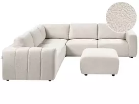 Modulinė kampinė sofa 5 žmonėms „KIVVIK“ su pufu, „Bouclé“, balkšva, dešininė
