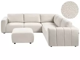 Modulinė kampinė sofa 5 asmenims „KIVVIK“ su pufu, „Bouclé“, balkšva, kairinė