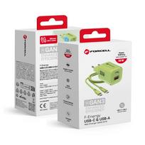 FORCELL F-ENERGY Crystal Color GaN III VT-41 kelioninis įkroviklis su silikoniniu laidu su 1 x Type C + 1x USB A lizdais, PD QC4.0 33W žalias