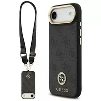 GUESS 4G Strass Logo MagSafe dėklas, skirtas iPhone Air, su metaliniais mygtukais ir riešo dirželiu - juodas
