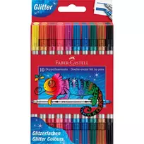 FABER-CASTELL Glitter dvigubo antgalio flomasteriai, 10 skirtingų spalvų, nuplaunami, 3-5 mm ir 1 mm antgaliai 151107