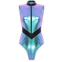 Womens Sexy Bodysuit Astronaut Costume Halloween Alien Outfits High Cut Patent Leather Catsuit for Rave Festival Party Clubwear XXL blue