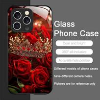 Prabangus karūnos papuošalas Gėlių raštas Grūdinto stiklo telefono dėklas IPhone 17 16 Pro Max 15 14 13 12 Mini 11 X XS 7 8 14Plus Dangtelis iPhone 15 Pro Max brown
