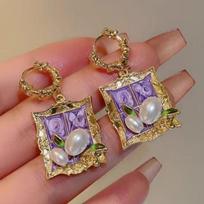 OPK Women's Retro Earrings with Tassels and Flowers violetinė