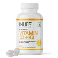 INLIFE Vitamin D3 600 IU K2 MK7 55 mcg, Lichen Sourced Plant Based, Stronger Bones Immunity & Calcium Absorption, 60 Tablets