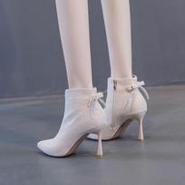 Heeled Pointed Toe Bow Woman Short Shoes Autumn Winter Ankle Boots for Women Chic and Elegant Hot Booties New in Luxury Footwear 40 gray