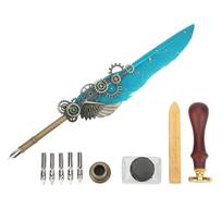 Retro   Pen Set Vintage Map Pattern Quill Pen Set with 5 Replacement Nibs Pen Stand Base Ink Empty Bottle for Writing blue