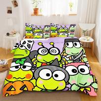 Keroppi animacinis pledo užvalkalas Mielas didelių akių varlės margintas minkštas patalynės komplektas Pagamintas pagal užsakymą Namų Kūdikio Miegamojo Antklodė Vaikų Dovana EU Single(135*200cm)3pcs black