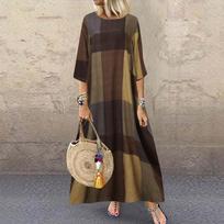 Plus Size Maxi Dress Women Casual Loose Big Swing Plaid Sundress Long Sleeve Vestidos Longos Robe Baggy Dresses Fashion 5XL geltona