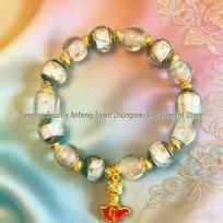 Live Broadcast Scenic Spot Glass Bracelet: Waking Lion Yue Knife Lucky Bead, Two-Color Silk Wrapped Design beige