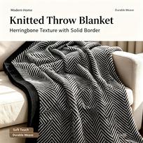 Black‑White Herringbone Knit Throw Blanket,Polyester Geometric Pattern Decorative Cover for Sofa Bed End Guesthouse Home 185×130cm gray
