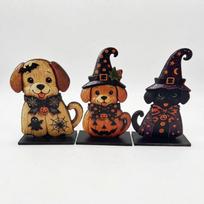 3Pcs Vintage Finish Witch Ghost Tabletop Ornament 2D Flat Dog Halloween Figurine  Halloween Party Witch