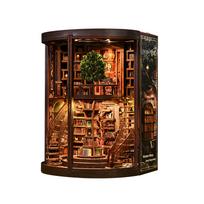 CRESYMME Miniature House Dollhouse Book Nook Kit Wooden DIY 3D Puzzle Library A Time Handmade Hobby Craft LED Light Bookshelf Insert Decor Gift black