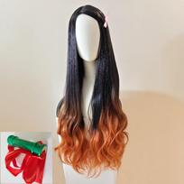 Anime Nezuko Kamado Wig Halloween Character Costume Cosplay Wigs Black Orange Gradient Long Curly Wig Kamado Nezuko Bamboo Props black