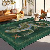 Mythical Green Lizard Dragon Print Area Rug, Tribal Crocodile Motif Floor Mat for Living Room Bedroom, Washable Aesthetic Carpet 160x230cm