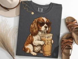 Cavalier King Charles Spaniel Drinking Iced Coffee Shirt, Funny Spaniel Meme Tee 120 gray