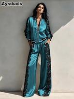 Fitness Set Lace Patch Zipper Jacket Wide Leg Pants Two Piece Outfit XXL karališkos mėlynos spalvos