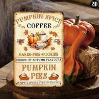Metal Poster Pumpkin Spice Coffee, Vintage Tin Sign for Wall, Fall Kitchen Decor beige