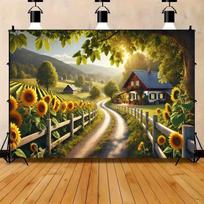 2D Cozy Country Party Backdrop with Sunflowers and Rolling Hills 59x51.1inch/150*130cm