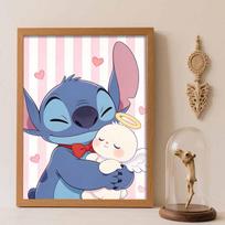 Disney Diamond Painting Kit Unframed Stitch Angel Hug Classic Style Home Decor Craft, Perfect Gift Idea Round 20x30cm gray