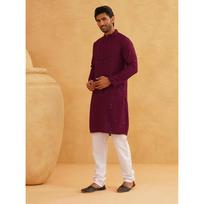 SOJANYA (Since Men' Ethnic Motifs Embroidered Sequinned Cotton Long Kurta L violetinė