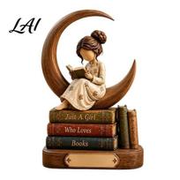 Decorative Wood Signs for Readers Wooden Book Lovers Figurine Reading Girl Personalized Desktop Bookshelf Decor with Room Shelf Ornaments Stacked 15cm J