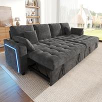 L-shaped 4-seater sofa bed, 2 pull-out sleeping areas, LED lighting, USB/Type-C, 3-way adjustable backrest, 2 cushions & 2 lumbar cushions, Grey 262.5 x 140 x 89 cm