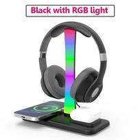3in1 Headphones Stand Wireless Charger RGB Atmosphere Light Gaming Headset Bracket Mobile Phone Bluetooth Earphone Charging Dock gray