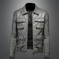 Naujo stiliaus vyriškas odinis motociklininko švarkas su atverčiama apykakle Viršutinis drabužis Slim Fit Madingas vyriškas odinis paltas 7065 XL tamsiai pilka spalva