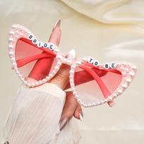 Bride To Be Heart Shaped Artificial Pearls Rhinestone Sunglasses - Photobooth Props for Wedding Decorations Party Favors red