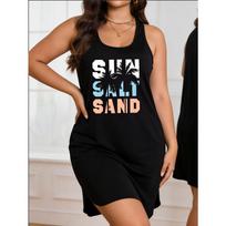 Lady's large-sized casual dress, for a sunny beach, palm tree backdrop, cool summer vacation, comfortable and fitting 4XL brown