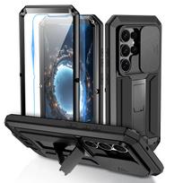 Ekrano apsauga Samsung S25 Edge S26 S24 S23 S22 Plus S21 Ultra, tvirtas smūgiams atsparus metalinis dėklas, slankiojantis kameros dangtelis Case & Camera Protector&Galaxy S23 juoda