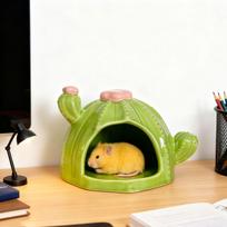 Cute Ceramic Hamster House Hideout Cartoon Cave Multifunction Bed Plus Feeding Bowl Cage Decor for Pets žalia